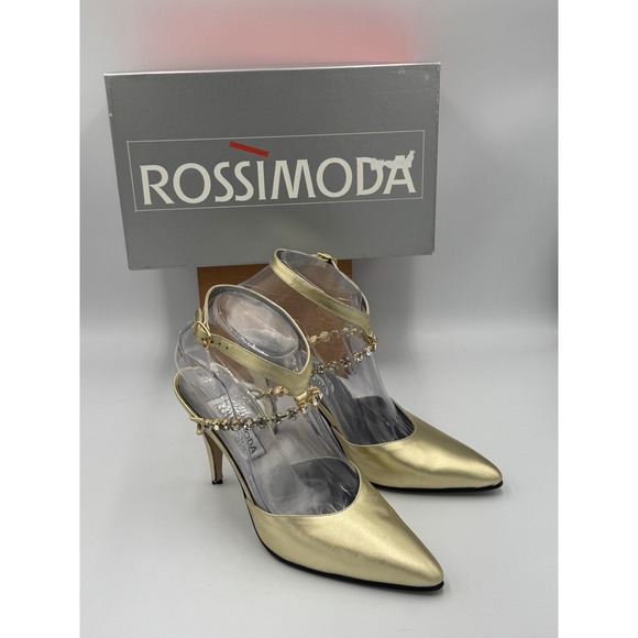 Vintage Rossimoda 90s Y2K Gold Slingback Pumps Jewel Strap Heels Italy 6.5 - Picture 1 of 9